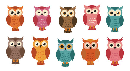 Fototapeta premium Collection of Ten Colorful Cartoon Owls with Varied Plumage