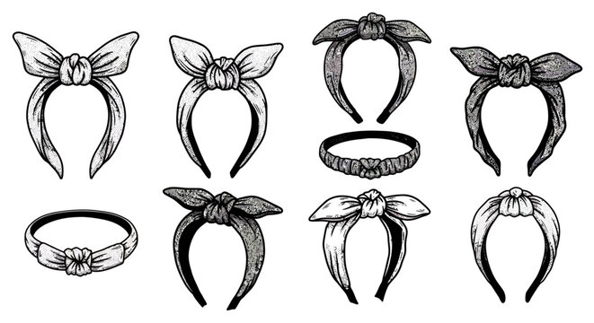 Collection of Illustrated Headbands with Bows and Knots in Various Styles