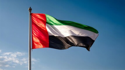 Flag of the United Arab Emirates waving on independence Day against a clear blue sky