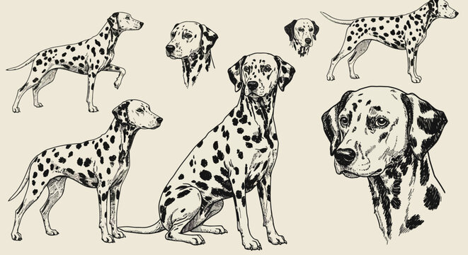Handdrawn illustrations of Dalmatian dogs in various poses and headshots