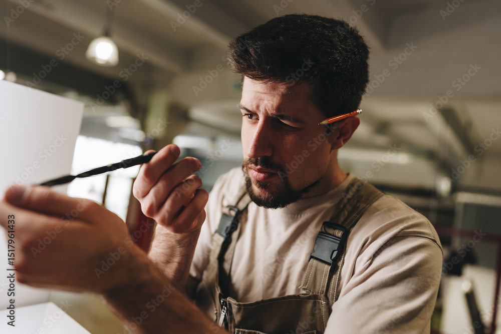 Poster man organizing tools and materials in a workshop while preparing for a crafting project in the after