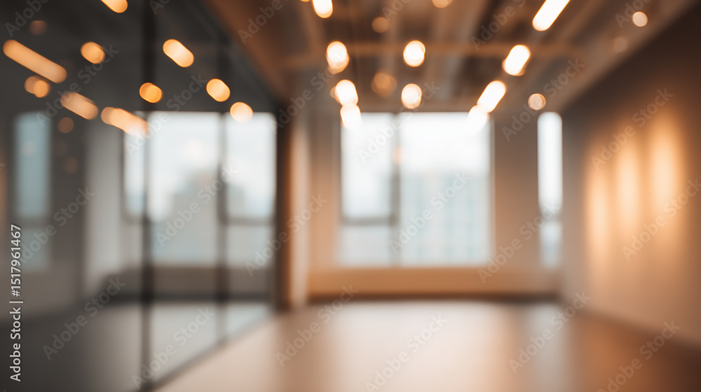 Poster blurred view of empty room with lights windows walls and floor