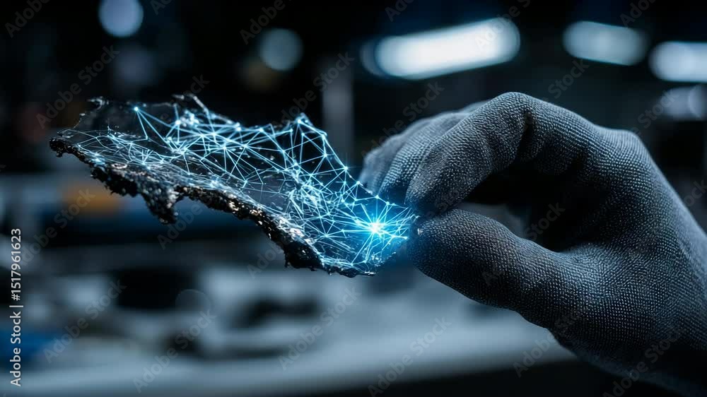 Poster specialized gloved hand carefully gripping cutting edge material, revealing luminescent network conn