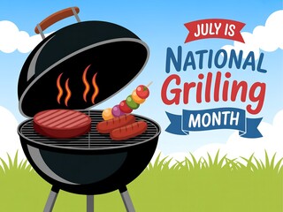 Illustration of a barbecue grill with food and a july is national grilling month banner design