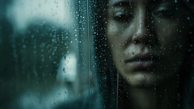 Sad Woman Reflecting in Rainy Light

