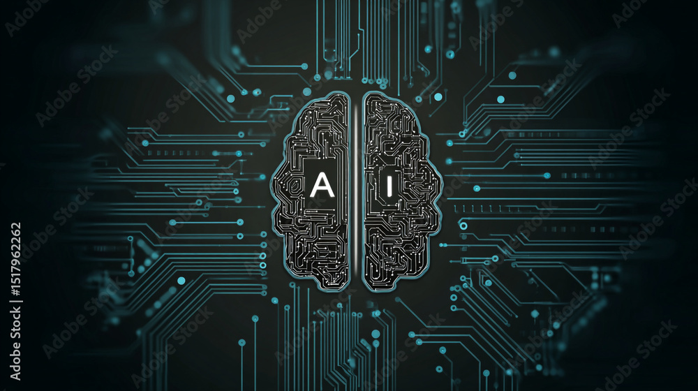 Poster artificial intelligence brain circuit board with ai letters on a dark background technology concept