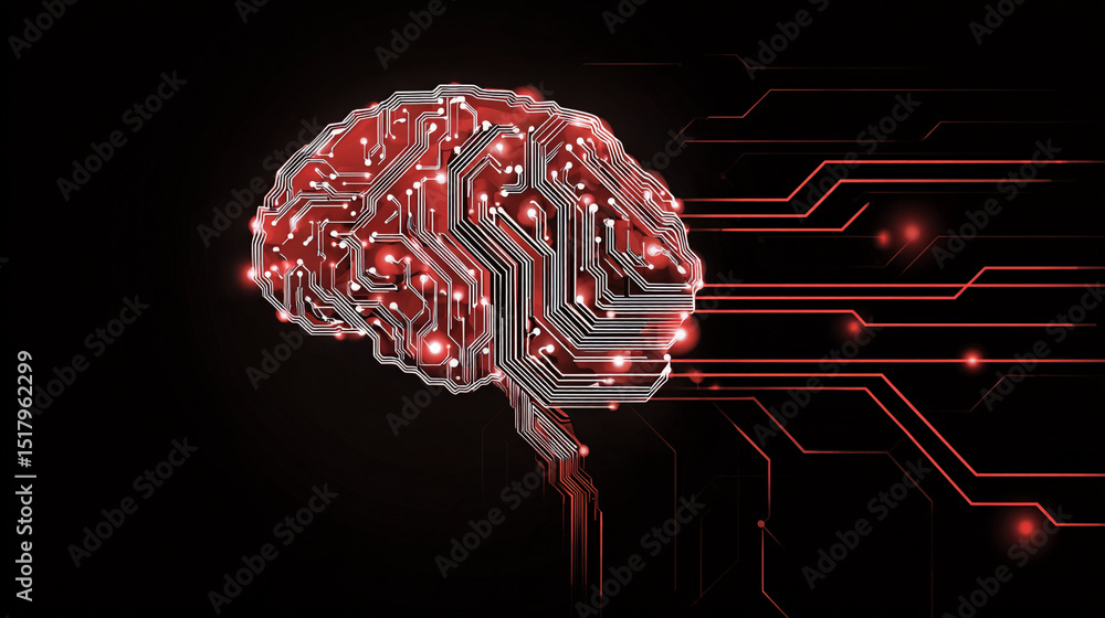 Poster a red circuit board shaped like a human brain with glowing lights on a black background with red lin