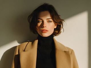 woman in a camel wool coat and black turtleneck 