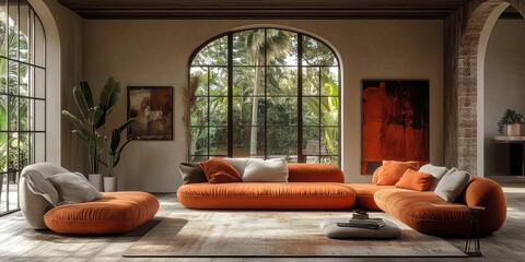 Elegant Living Room Interior with Orange Sofa and Large Arched Window