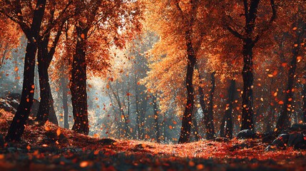 Enchanting Autumnal Landscape with Vibrant Foliage and Gentle Falling Leaves Creates a Sense of Tranquility and Wonder