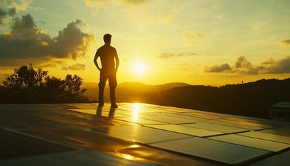 A man technician solar panel renewable energy silhouette sunset skyshadow