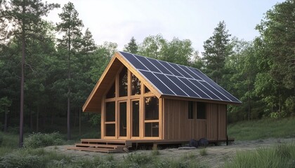 Solar panel on mountain cabin house extreme nature place