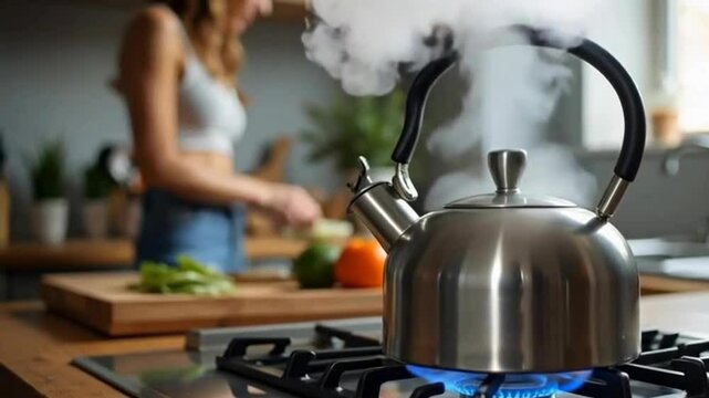 A steaming kettle sits on a gas stove in the foreground, while a person prepares vegetables in the blurred background of a cozy kitchen.