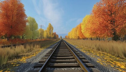 Rail road perspective transport train in autumn forest with golden leaves