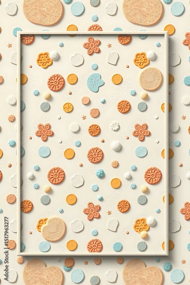 Poster colorful scattered beach elements including shells and flowers in a playful seamless pattern on soft
