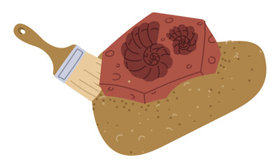 Fossils with a shell on the sand with an architect's brush. a paleontological find. Historical finds. Suitable for decorating books and posters on paleontology, plant and animal history