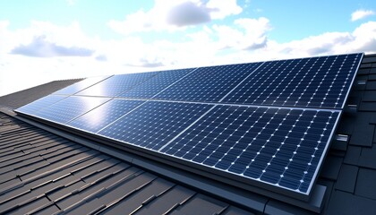 Solar panel installer on black roof building renewable electrical energy