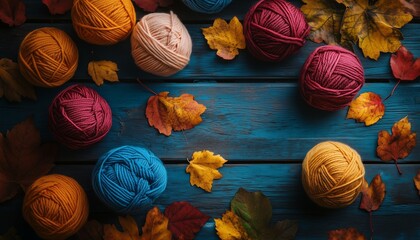Yarn ball autumn color tones with brown leaves and wooden background