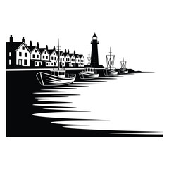 Fototapeta premium Fishing Village Skyline Silhouette, Vector, Illustration, Icon, Logo, White Background.