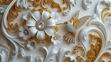 A luxurious 3D wall mural featuring an ornate white and gold floral design.