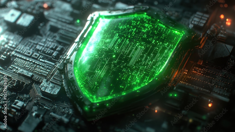 Poster a glowing green shield protects intricate circuit board patterns. use it to visualize cybersecurity,