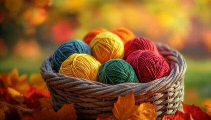 Ball yarn yellow red and green autumn wonderful color on rattan basket blurred background