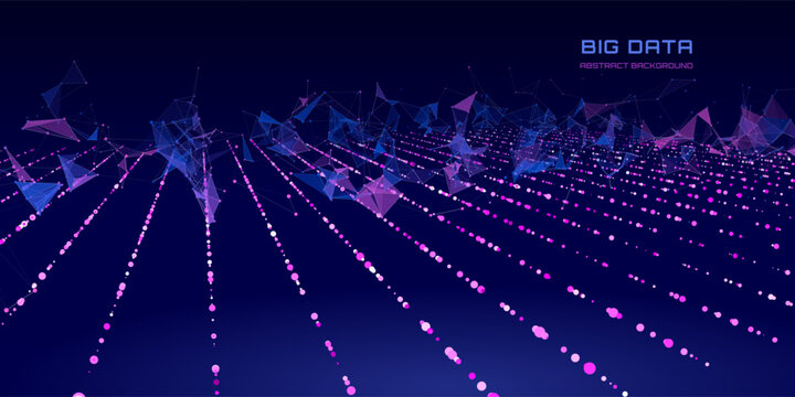 Futuristic background lines from dots quantum computing with polygons broken data on dark . Digital technology concept research lost bytes in cyberspace. Big data.