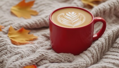 Red ceramic coffee mug on white wool blanket and autumn leaves