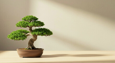 Bonsai tree displayed in a pot on wooden surface with soft light  