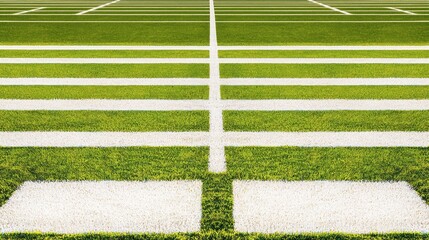 Perspective view of a grassy playing field with white lines.