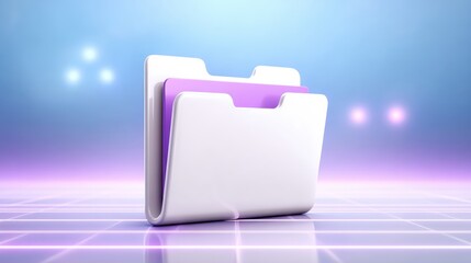 A digital 3D folder icon with a purple tab stands on a futuristic, glowing grid background in blue and purple tones.