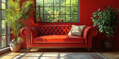 Elegant Living Room with Tufted Red Sofa, Green Plants and Natural Light