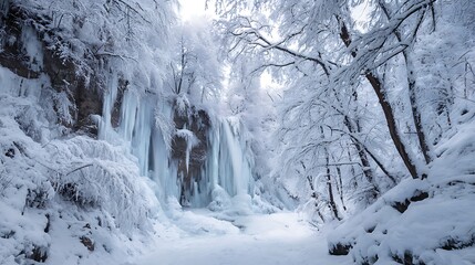 Enchanting Winter Wonderland: Frozen Waterfall Shimmers Amidst Snowy Trees, Creating a Serene Landscape