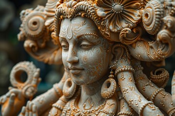 Fototapeta premium Intricate sculpture of a serene female figure adorned with ornate details and floral motifs.