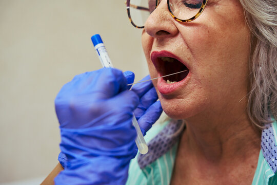 Doctor performing buccal swab test on senior woman patient