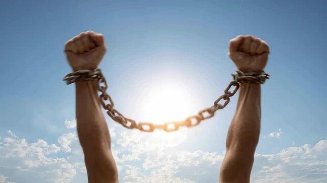 Hands raised in broken chains against sunlight and blue sky symbolizing freedom, liberation, and strength