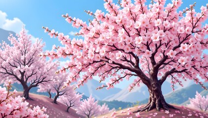 Cherry blossom illustrations in lush nature landscape scenic viewpoint vibrant spring environment