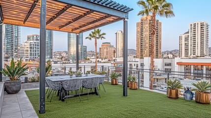 Urban rooftop patio area with city view.