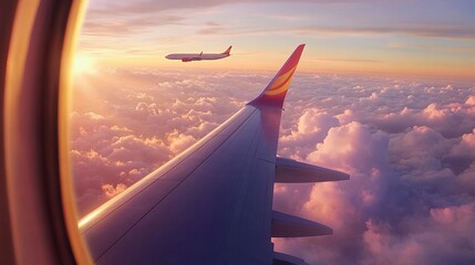 Obraz premium Majestic view through window of wing of plane in colorful cloudscape while jet flying high against sky in sunset realistic photo