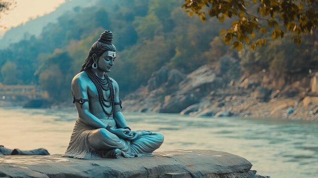 Lord Shiva statue on the banks of the sacred Ganges River in Rishikesh, India. 