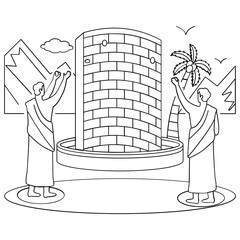 Jamaraat and Haji Stoning of Devil concept,  Muslim Pilgrims Throw Stones at wall vector design, Eid al-Adha sketch, Eid-al-Kabir drawing, Traditional Arabic Muslims Festival stock illustration