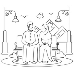 Arabic Couple sitting in Public Park concept, Family Celebrating festive together outdoor vector design, Eid al-Adha sketch, Eid-al-Kabir Hajj drawing, Traditional Arabic Muslims Festival illustration