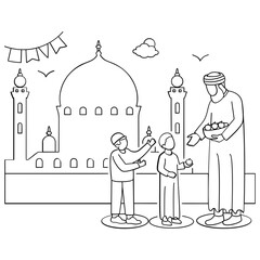 Arabic Person handing out apples from bowl concept, Gift of Goodness Outside the Mosque vector design, Eid al-Adha sketch Eid-al-Kabir Hajj drawing, Traditional Arab Muslim Festival stock illustration