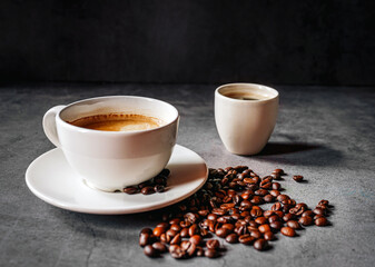 Espresso coffee cup with Americano coffee shot and roasted coffee beans on gray background