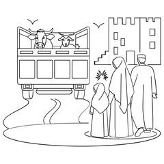 Family Saying Good Bye to their Mammals concept, Cow and goat Being Transported on Truck vector design, Eid al-Adha sketch, Eid-al-Kabir Hajj drawing, Traditional Arabic Muslims Festival illustration