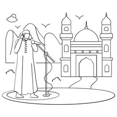 muezzin calling Arabic prayer recited concept, Person giving Eid Salah Loudspeakers in mosque vector design Eid al-Adha sketch Eid-al-Kabir Hajj drawing, Traditional Muslim Festival stock illustration