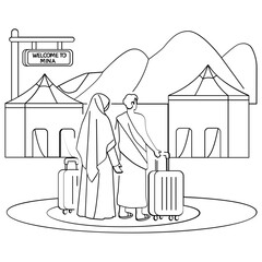 Arrival in Mina Beginning the Spiritual Journey concept, Spiritual Camping for couple Pilgrims vector design Eid al-Adha scene Eid-al-Kabir Hajj banner Traditional Arabic Muslims Festival illustration