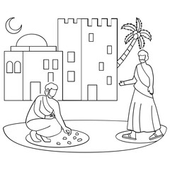 pilgrims to collect between pebbles from the ground concept, Collecting Stones while wearing ihram vector design, Eid al-Adha sketch Eid-al-Kabir Hajj drawing, Traditional Muslim Festival illustration
