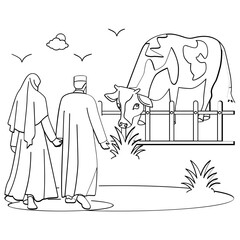 Together in Worship Honoring the Sunnah of Ibrahim concept, Quiet Moment Before the Ritual vector design, Eid al-Adha sketch, Eid-al-Kabir Hajj drawing Traditional Arabic Muslims Festival illustration