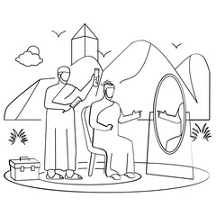 male pilgrim helper performing the Halq or Taqsir concept, final rites of hajj Shaving head vector design, Eid al-Adha sketch, Eid-al-Kabir Hajj drawing Traditional Arabic Muslim Festival illustration